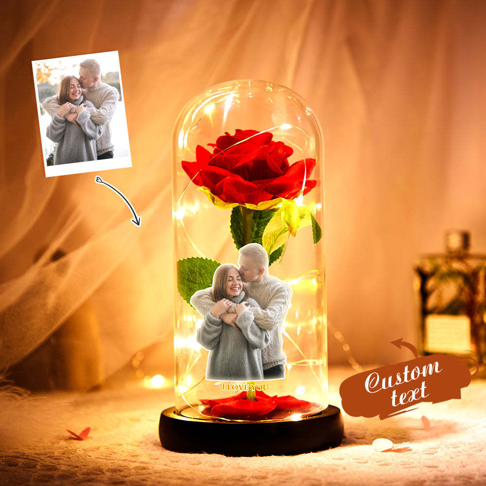 Custom Photo Text Eternal Rose Flower LED Night Light Romantic Simulation Eternal Rose Flower Glass Cover for Anniversary and Valentine's Day - soufeelmy
