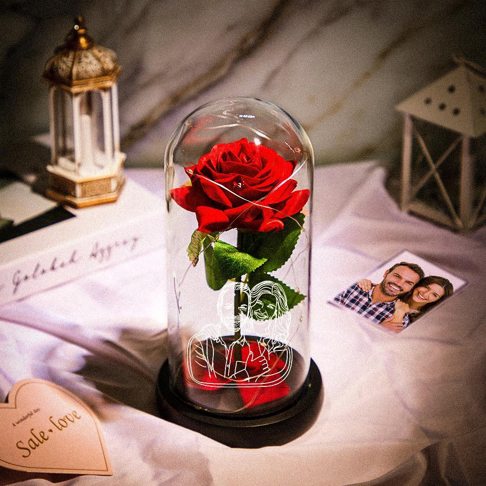 Custom Photo Line Drawing Eternal Rose Flower LED Night Light Romantic Simulation Eternal Rose Flower Glass Cover for Anniversary Valentine's Day Gift - soufeelmy