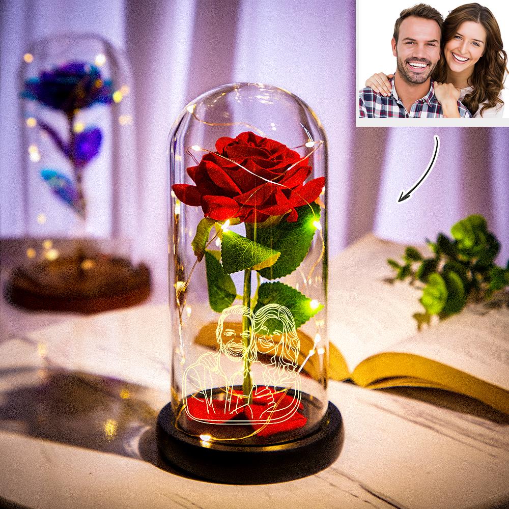 Custom Photo Line Drawing Eternal Rose Flower LED Night Light Romantic Simulation Eternal Rose Flower Glass Cover for Anniversary Valentine's Day Gift - soufeelmy