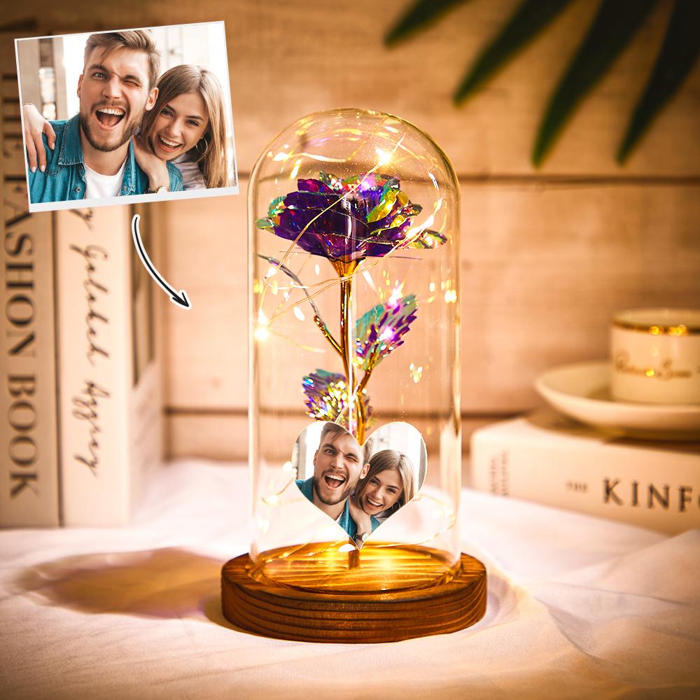Custom Heart-shaped Photo Eternal Colorful Rose Flower LED Night Light Romantic Simulation Eternal Rose Flower Glass Cover for Anniversary Couple Gift - soufeelmy