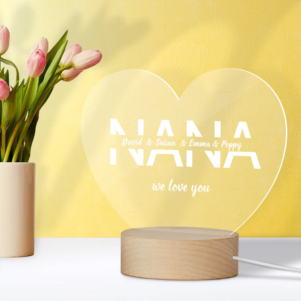 Mother's Day Gift Custom Your Names Acrylic Wooden Base Night Light Gift for Mum - 