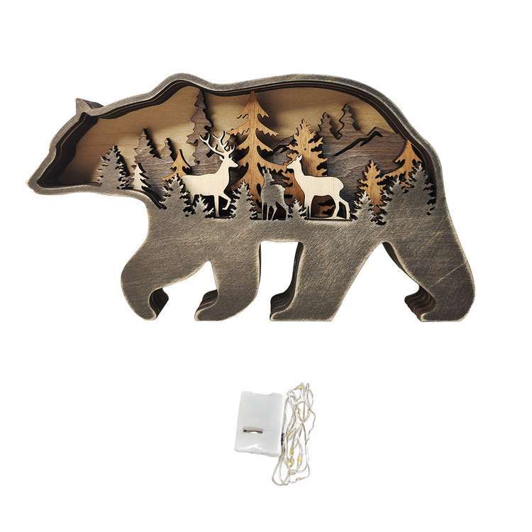 Custom Animal Wooden Statue Home Ornament Multi layer Woodland Bear Silhouette Decor for Shelf Table Wood Statue - soufeelmy