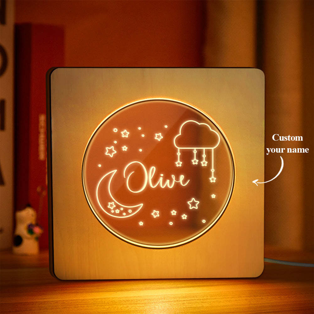 Custom Engraved Name Night Light Personalized Star Moon Wooden Frame Lamp Gift - soufeelmy