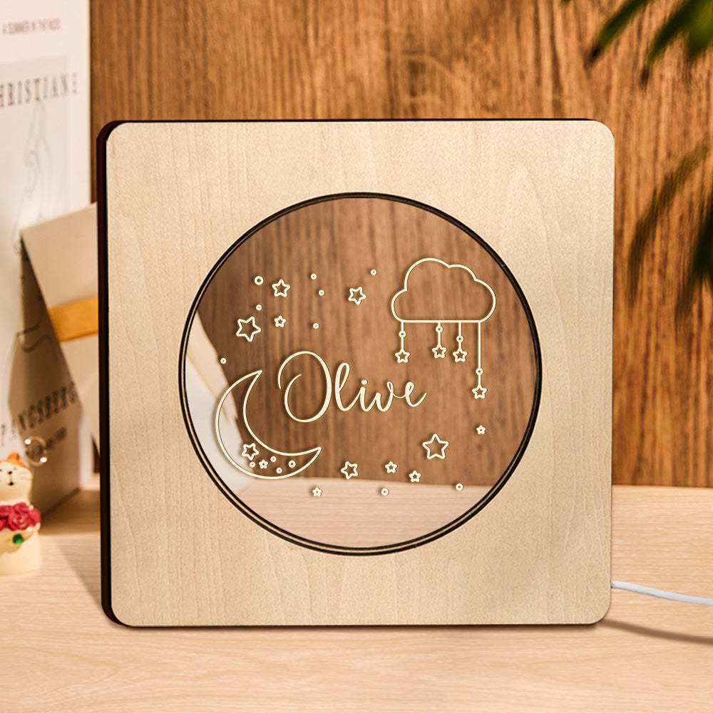 Custom Engraved Name Night Light Personalized Star Moon Wooden Frame Lamp Gift - soufeelmy