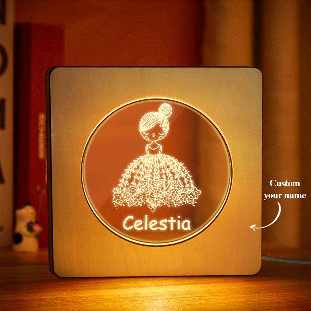 Custom Engraved Name Night Light Personalized Flower Skirt Girl Wooden Frame Lamp Gift for Girl - soufeelmy