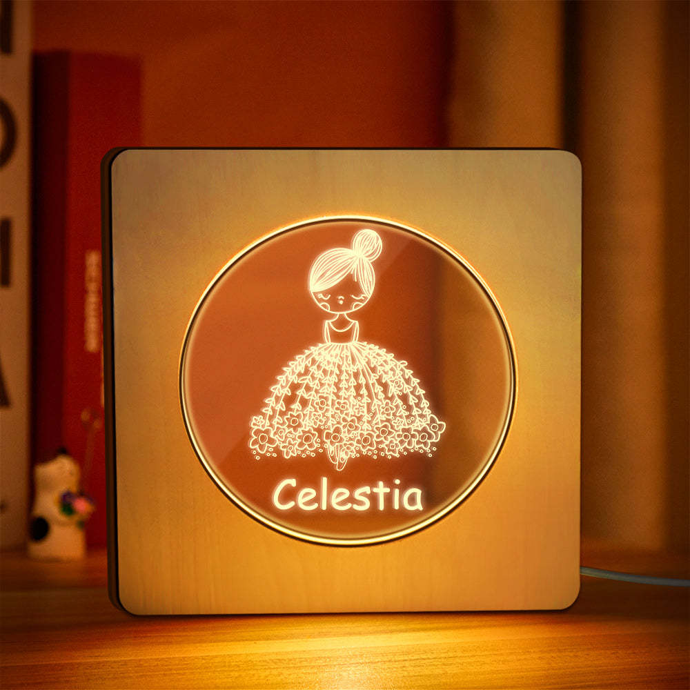 Custom Engraved Name Night Light Personalized Flower Skirt Girl Wooden Frame Lamp Gift for Girl - soufeelmy