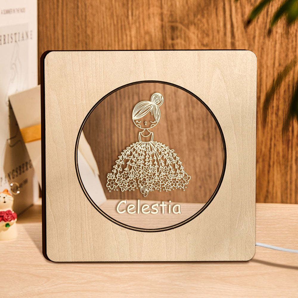 Custom Engraved Name Night Light Personalized Flower Skirt Girl Wooden Frame Lamp Gift for Girl - soufeelmy