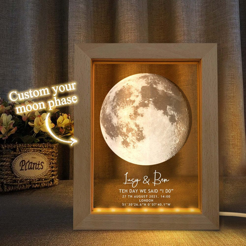 Custom Moon Phase Night Light Personalized Moon Phase Wooden Frame Light Gift - soufeelmy
