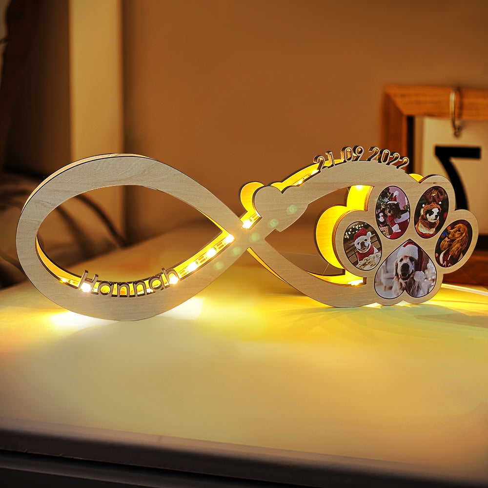 Custom Infinity Dog Paw Photo Light Personalized Engraved Name Wooden Night Light - soufeelmy