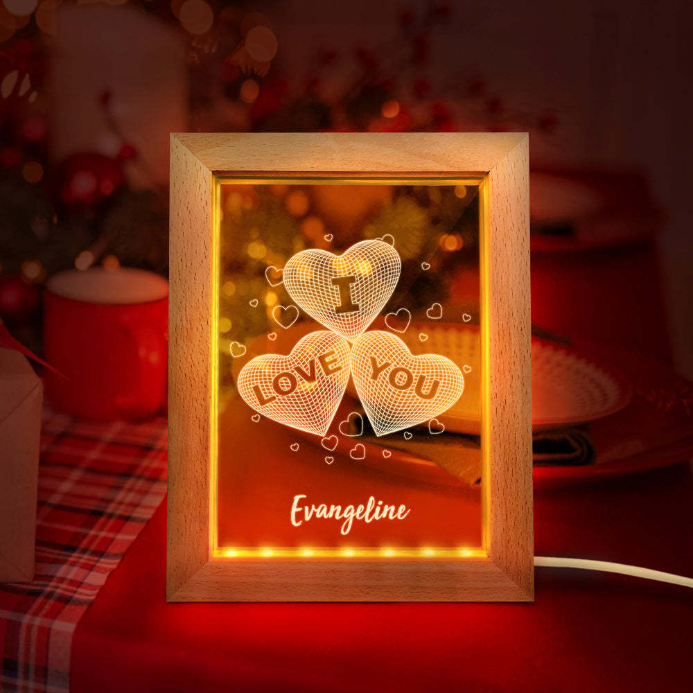 Custom Wooden Frame Light Personalized 3D Three Hearts Night Light Gift for Lovers - soufeelmy