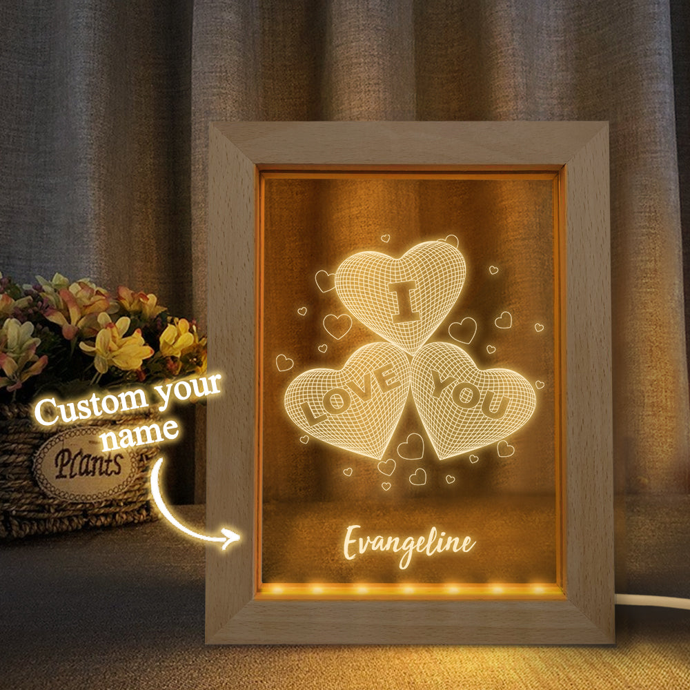 Custom Wooden Frame Light Personalized 3D Three Hearts Night Light Gift for Lovers - soufeelmy