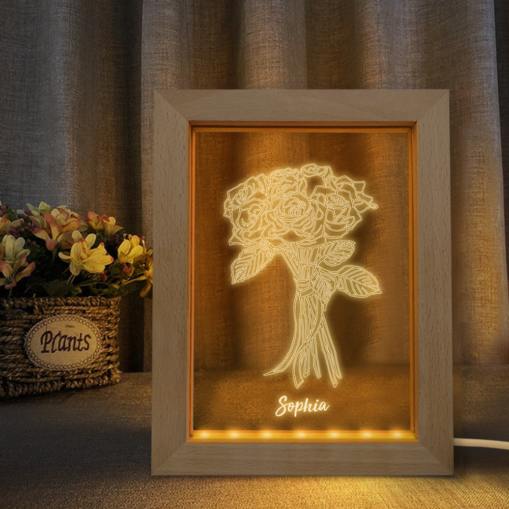 Custom Wooden Frame Light Personalized 3D Roses Night Light Couple Gift - soufeelmy