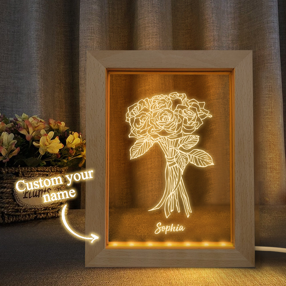 Custom Wooden Frame Light Personalized 3D Roses Night Light Couple Gift - soufeelmy