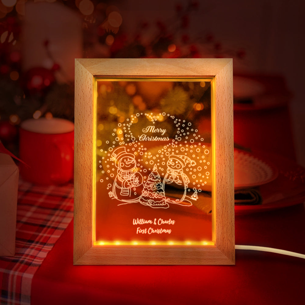 Custom Christmas Night Light Personalized 3D Couple Snowmen Wooden Frame Lamp Gift - soufeelmy