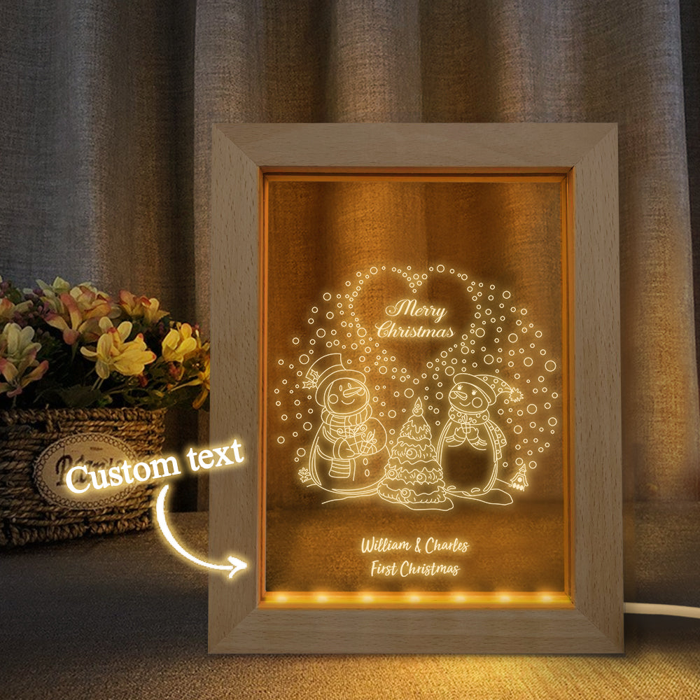 Custom Christmas Night Light Personalized 3D Couple Snowmen Wooden Frame Lamp Gift - soufeelmy