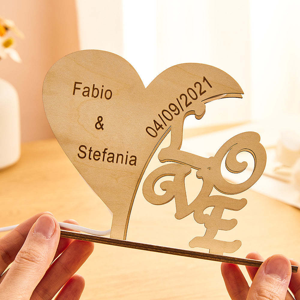 Custom Engraved Night Light Heart-shaped Love Wooden Night Light Anniversary Gift - soufeelmy