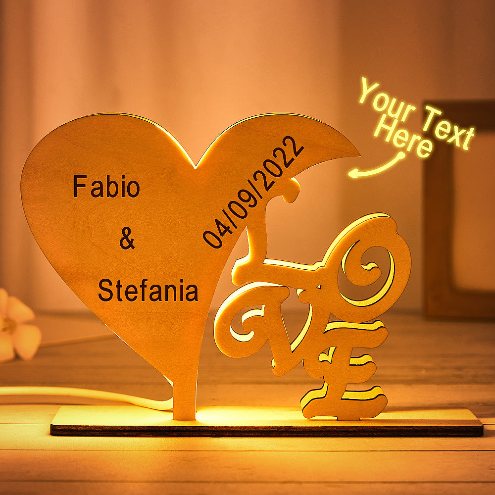 Custom Engraved Night Light Heart-shaped Love Wooden Night Light Anniversary Gift - soufeelmy