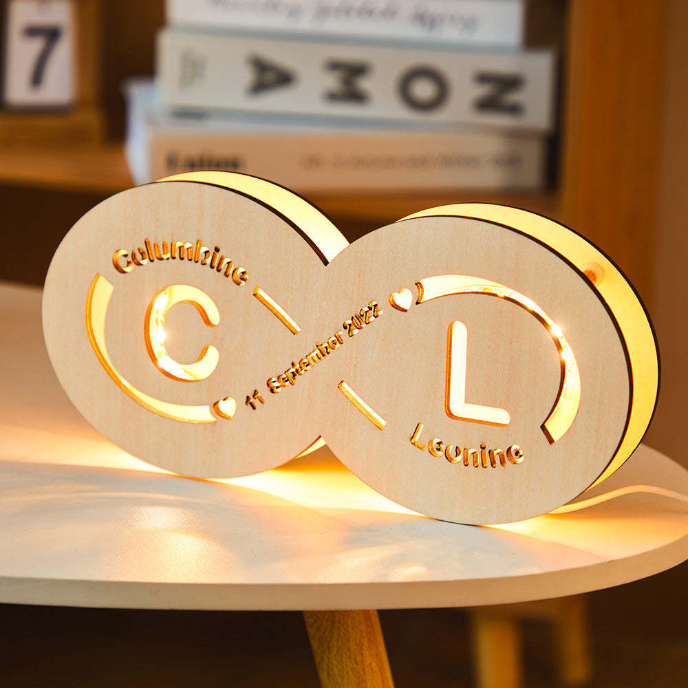 Custom Name and Date Infinity Love Sign Night Light with Initials Wooden Lamp for Lovers - soufeelmy