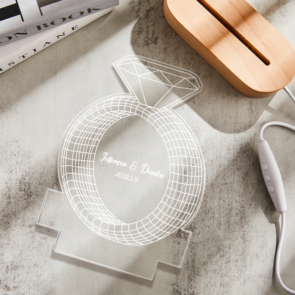 Personalized Text Diamond Ring Colorful Lamp Custom Acrylic 3D Printed Night Light Proposal Anniversary Day Gift - soufeelmy