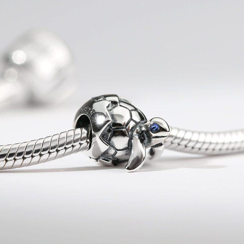 Sea Turtle Silver Charm with Swarovski Crystal -