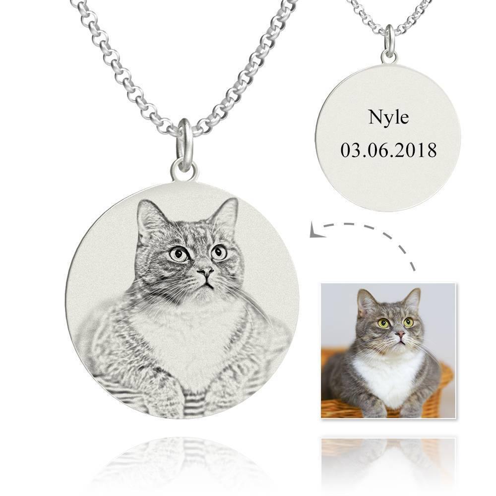 Women's Round Photo Engraved Tag Necklace with Engraving Silver - 