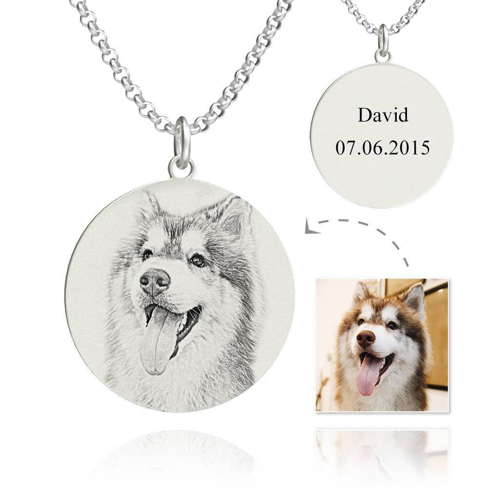 Women's Round Photo Engraved Tag Necklace with Engraving Silver - 