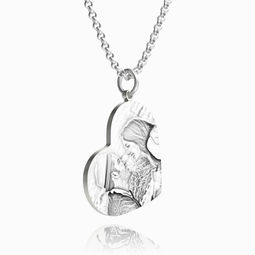 Women's Vertical Heart Photo Engraved Tag Necklace Silver - soufeelus
