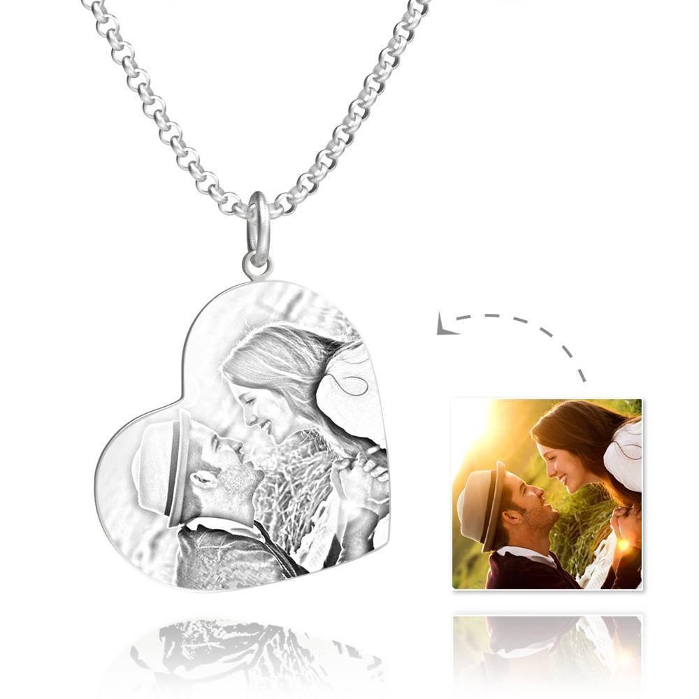 Women's Vertical Heart Photo Engraved Tag Necklace Silver - 