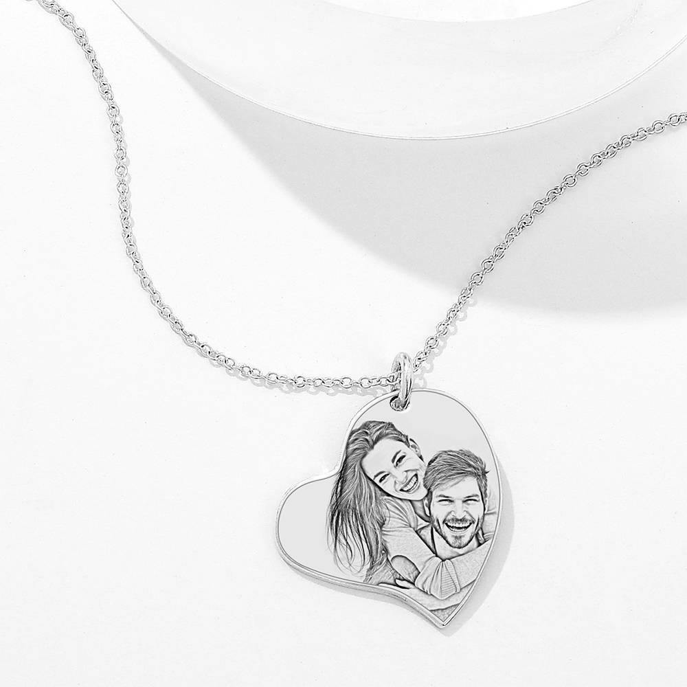 Heart Photo Engraved Tag Necklace with Engraving Silver - 
