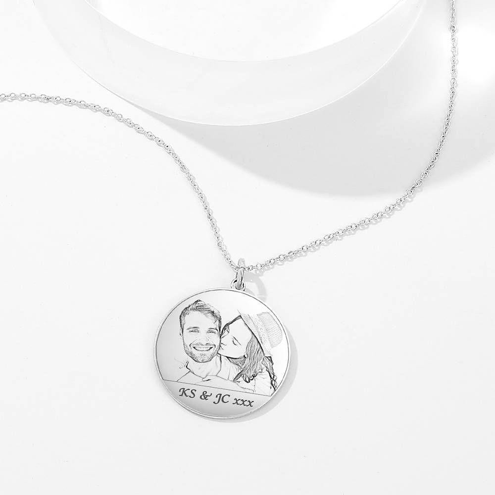 Round Photo Engraved Tag Necklace with Engraving Silver - 