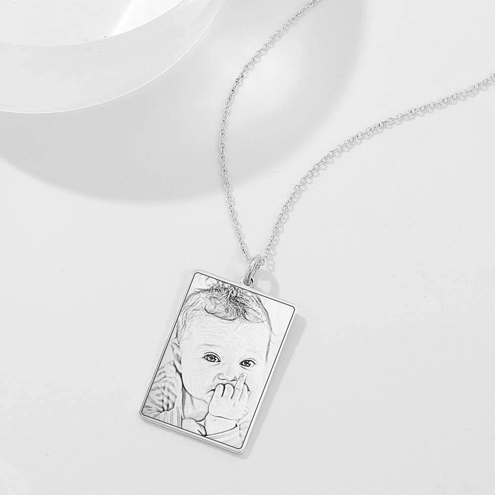 Square Photo Engraved Tag Necklace with Engraving Silver -