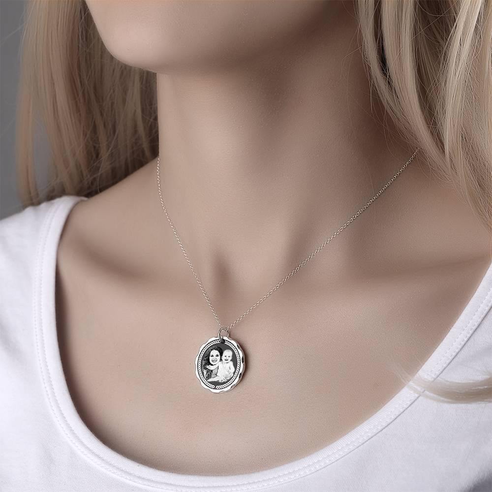 Round Coin Photo Engraved Tag Necklace with Engraving Silver - 