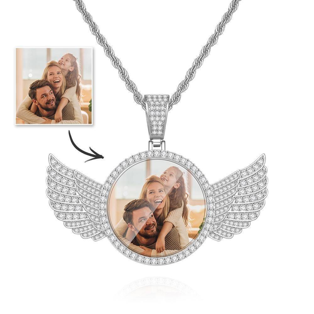 Custom Photo Necklace with Wings Medallions Necklace Iced Out Large Custom Picture Pendant Golden - soufeelus