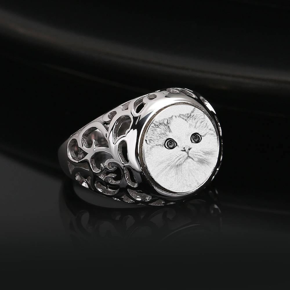 Photo Engraved Ring Oval-shaped, Keepsake Gift Platinum Plated Silver - soufeelus