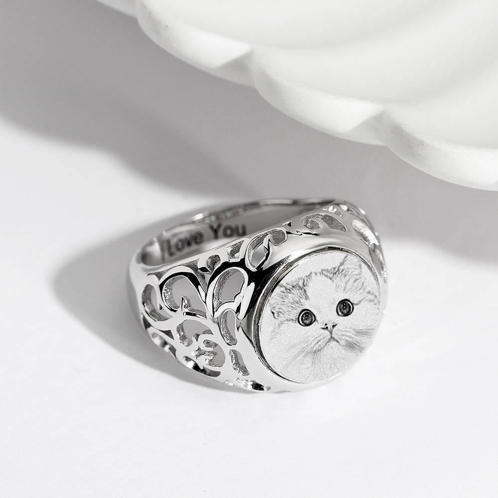 Photo Engraved Ring Oval-shaped, Keepsake Gift Platinum Plated Silver - soufeelus