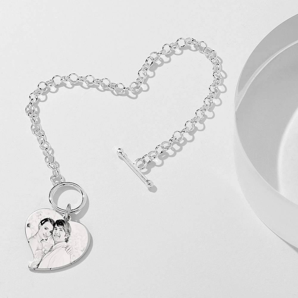 Women's Heart Photo Engraved Tag Bracelet with Engraving Silver - soufeelus