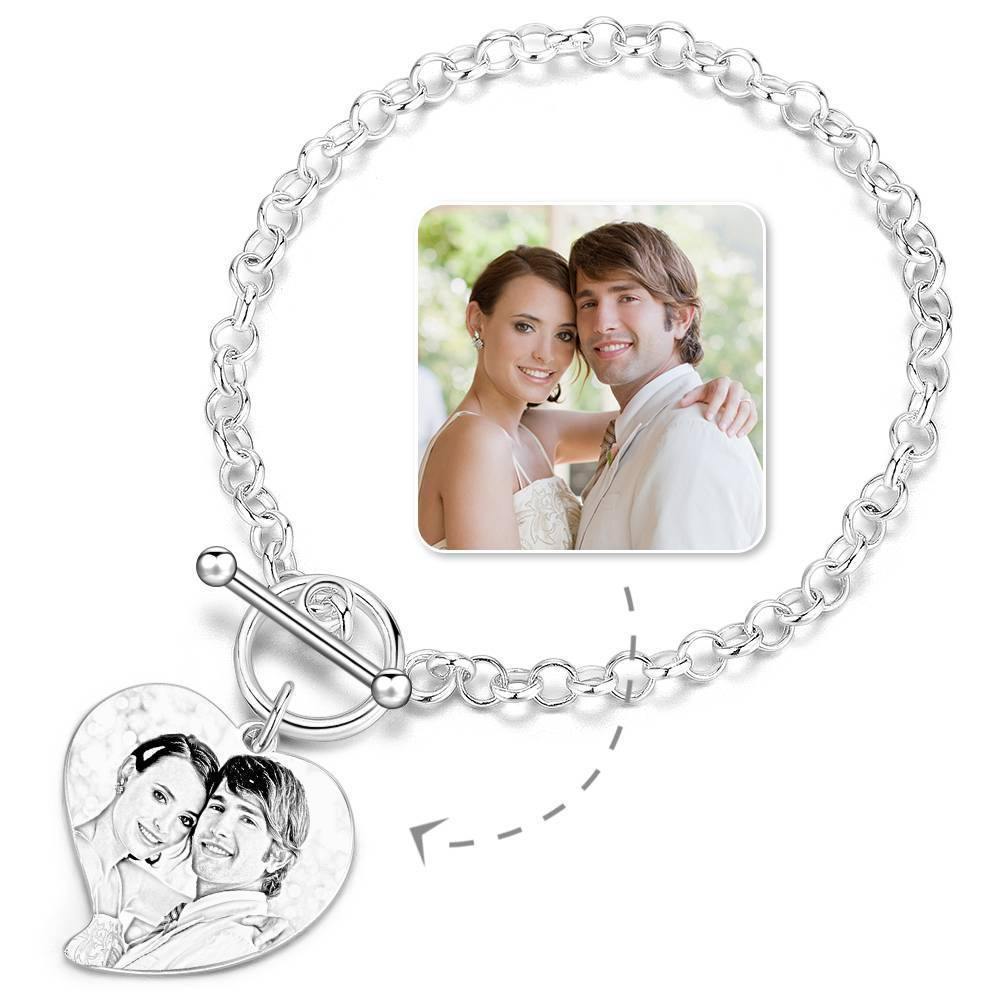 Women's Heart Photo Engraved Tag Bracelet with Engraving Silver - soufeelus