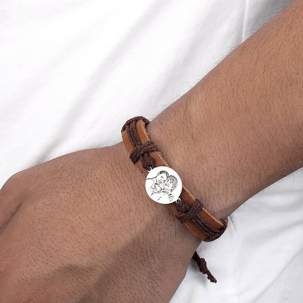 Men's Leather Bracelet Men's Round Photo Engraved Tag Bracelet Brown Leather Strap - soufeelus