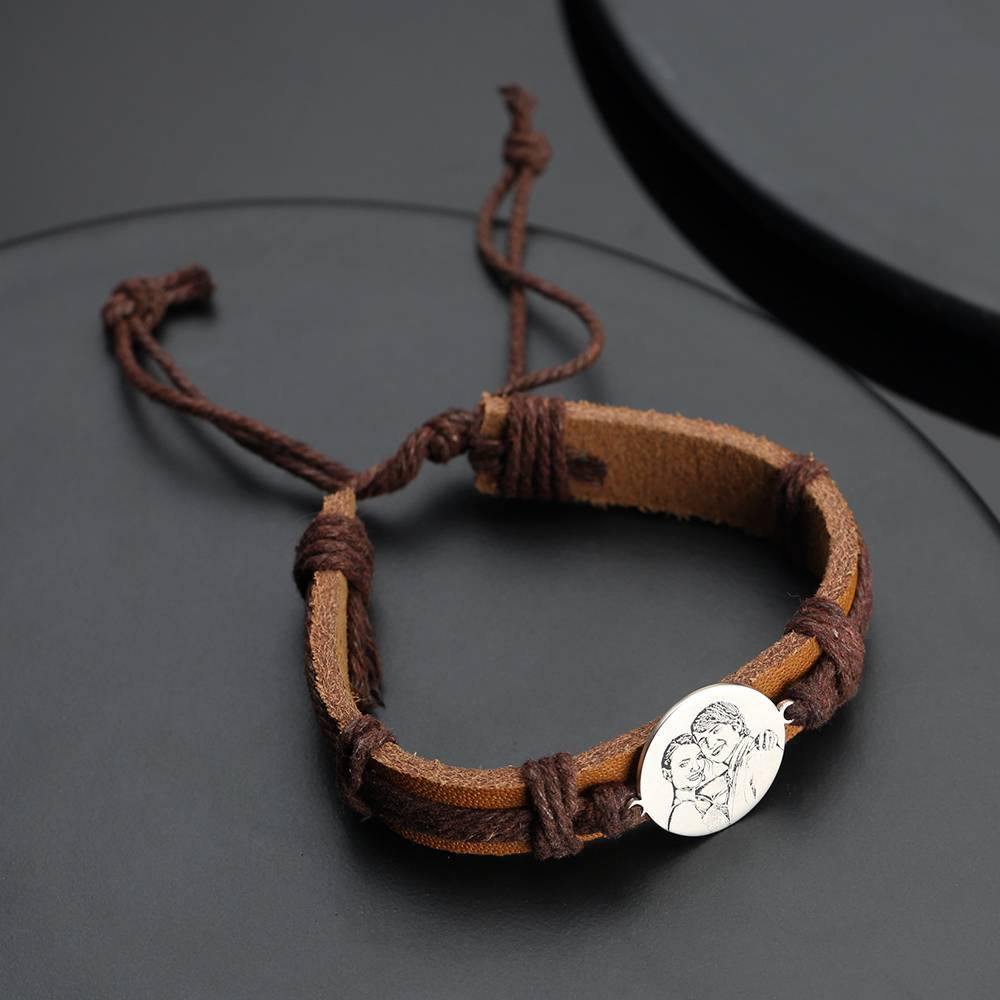 Men's Leather Bracelet Men's Round Photo Engraved Tag Bracelet Brown Leather Strap - soufeelus