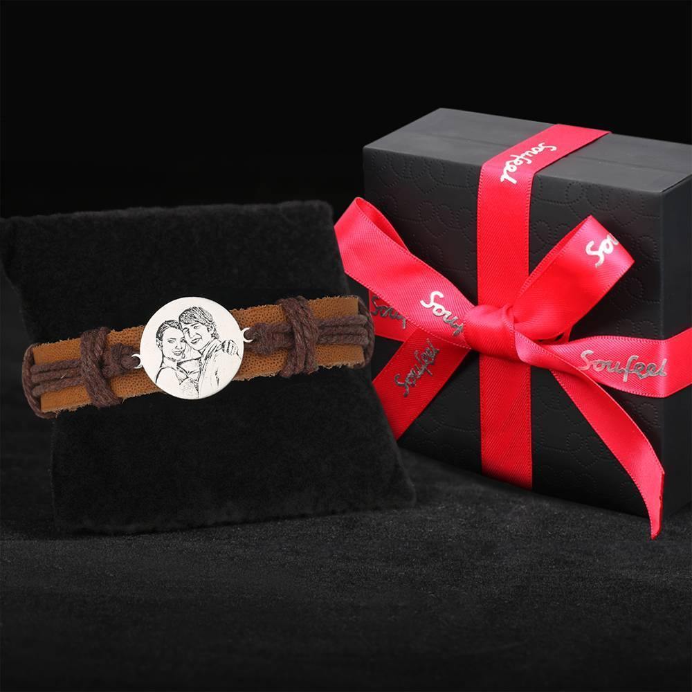 Men's Leather Bracelet Men's Round Photo Engraved Tag Bracelet Brown Leather Strap - soufeelus