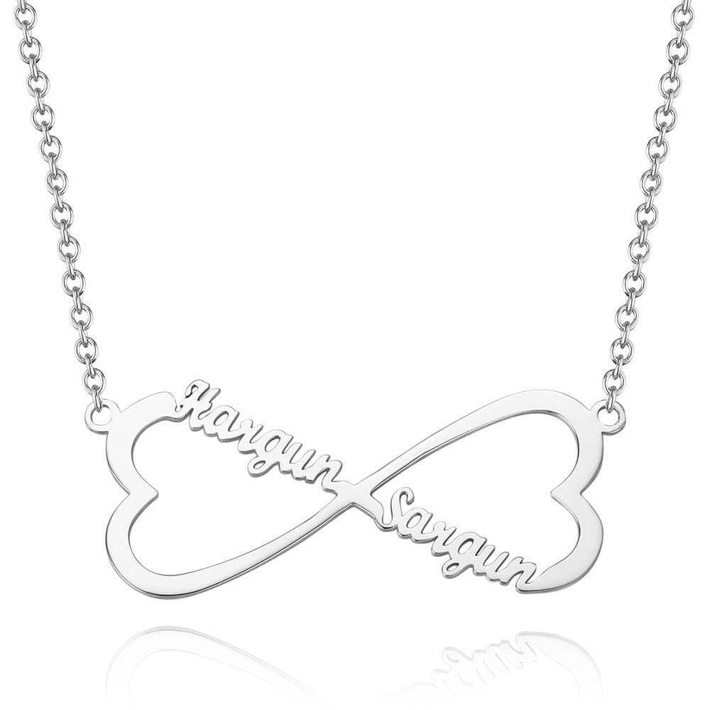 Name Necklace, Infinity Heart Necklace Two Names Silver - 