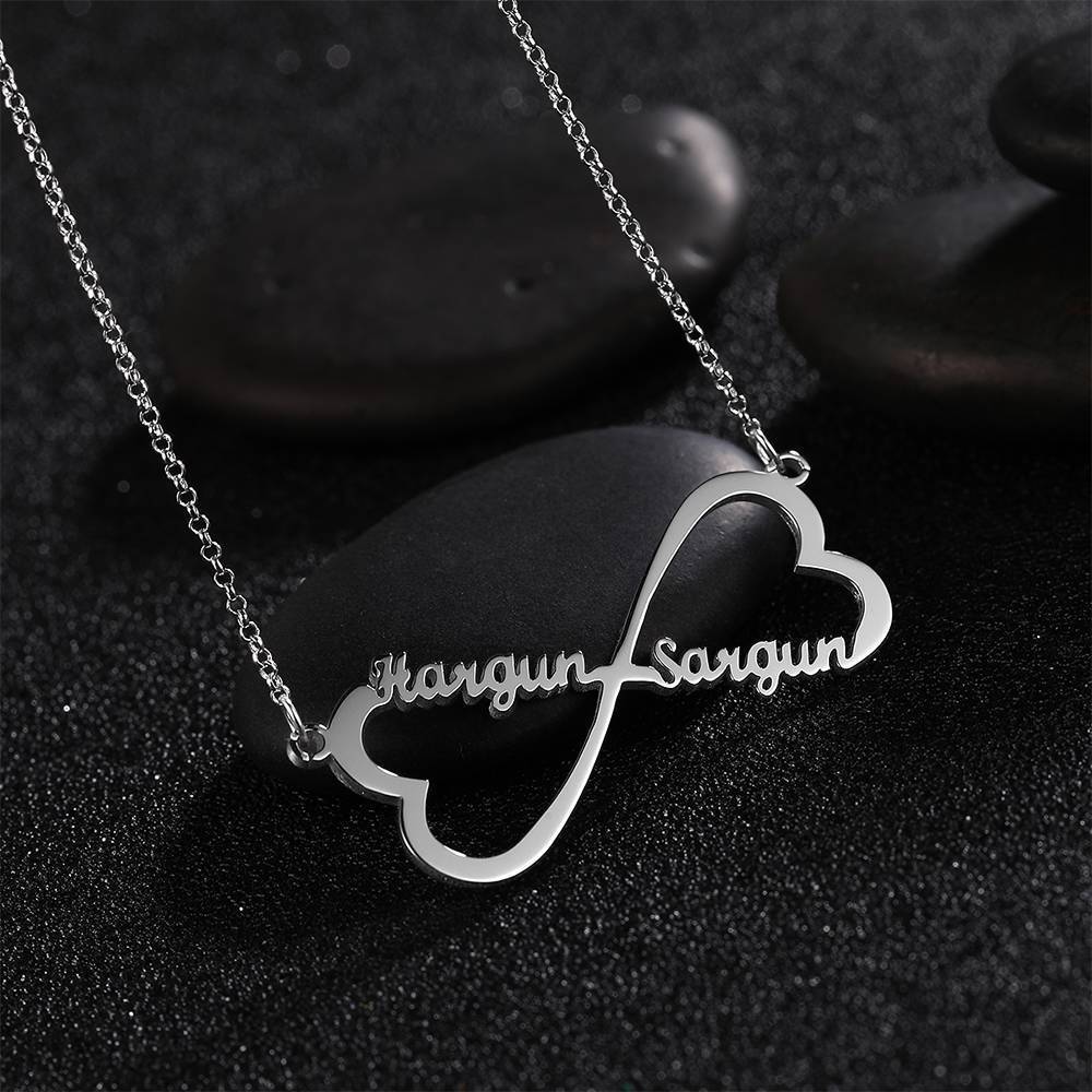 Name Necklace, Infinity Heart Necklace Two Names Silver - 