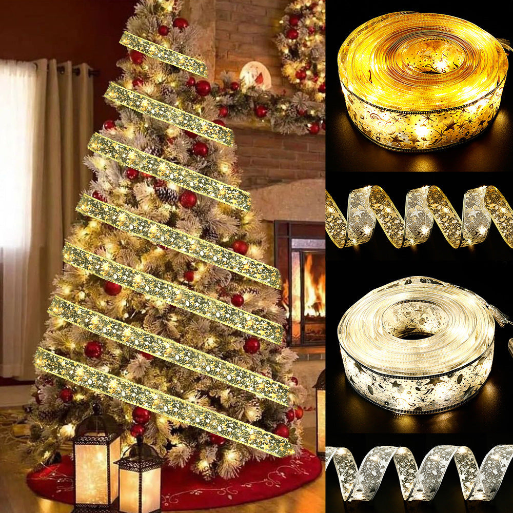Christmas Fairy Lights Xmas Tree Ribbon Lights Copper Wire Ribbon Bows Lights for Holiday Party Decoration - soufeelau
