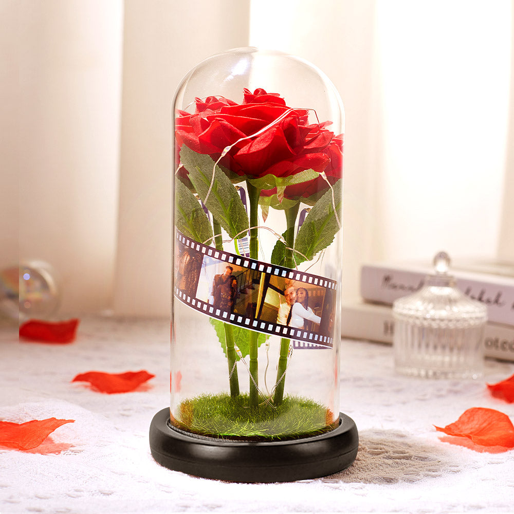 Custom Rose Flower in Glass Led Lamp Photo Album with Film Black Base - Gift for Her - soufeelau