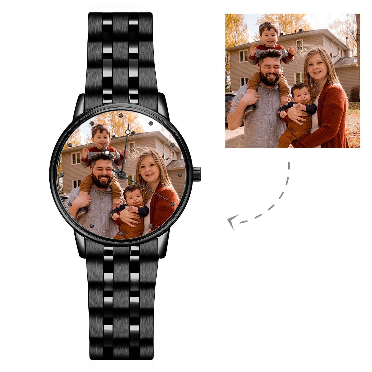 Mens Engraved Photo Watch Black Alloy Strap