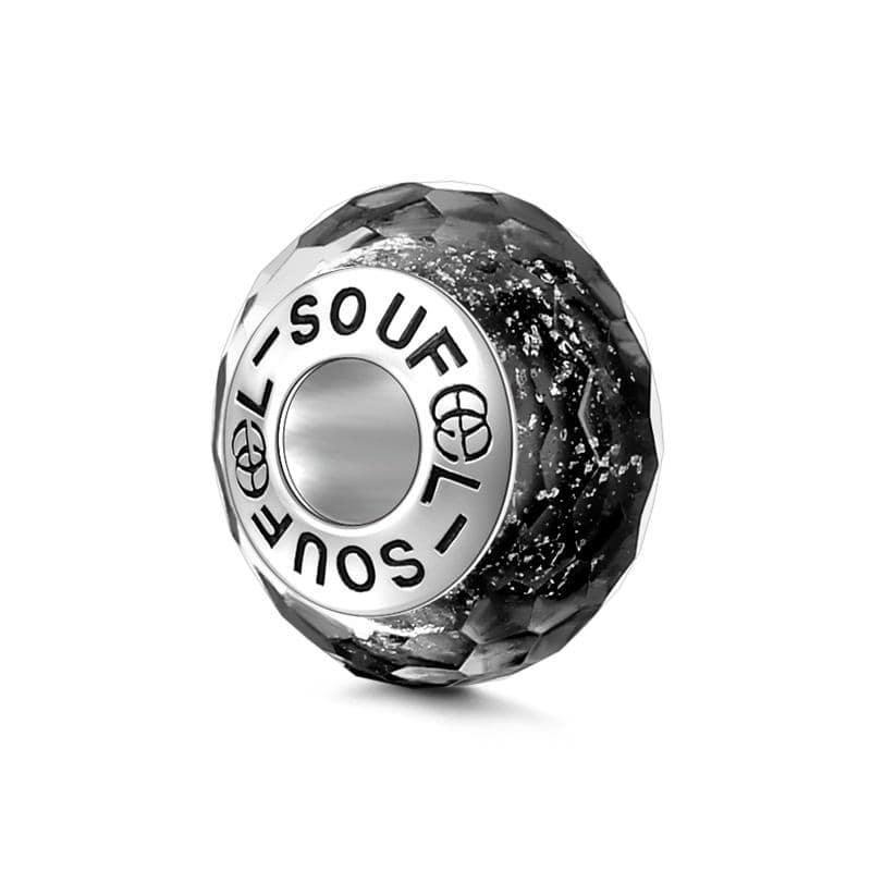 Black Ice Crystal Faceted Charm Murano Glass Bead Silver - soufeelus