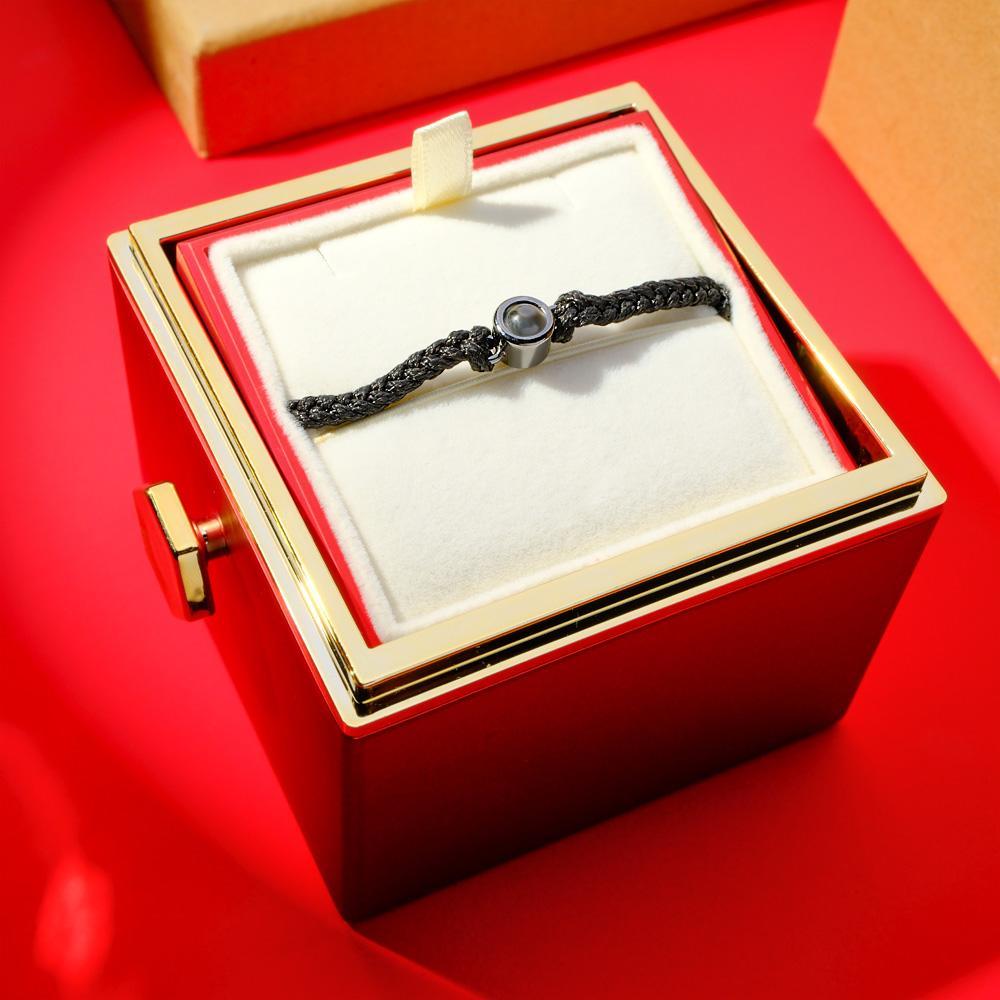 Eternal Rose Box & Photo Projection Couple Bracelet Braided Black Rope Bracelet Gift For Lovers
