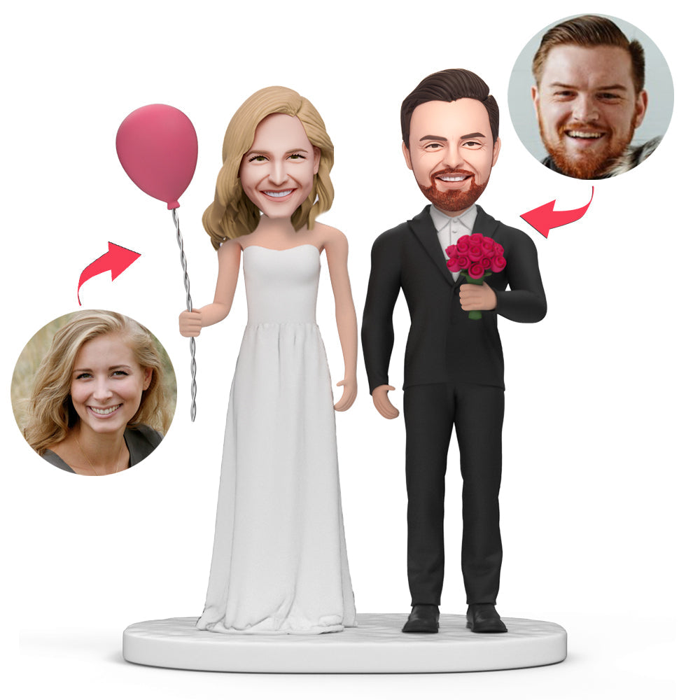 Groom Bride With Balloon Flowers Custom Bobblehead With Engraved Text - soufeelau