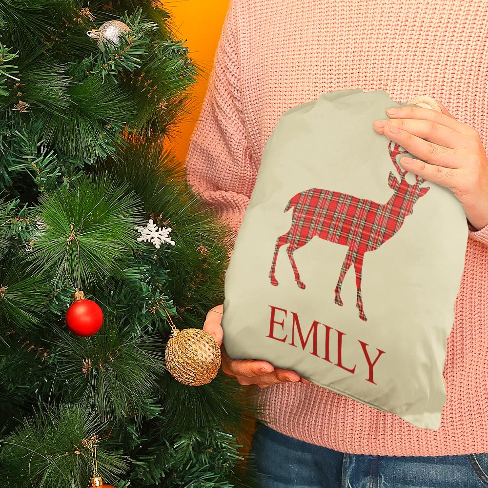 Custom Engraved Bag Tartan Stag Christmas Santa Sack Present Sack for Kids - soufeelau