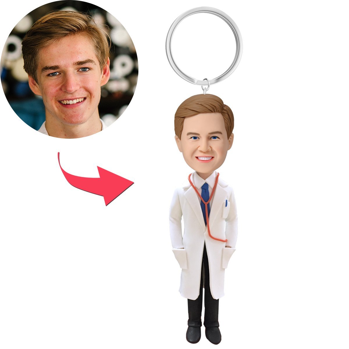 Doctor With Lab Coat Custom Bobblehead With Engraved Text Key Chain